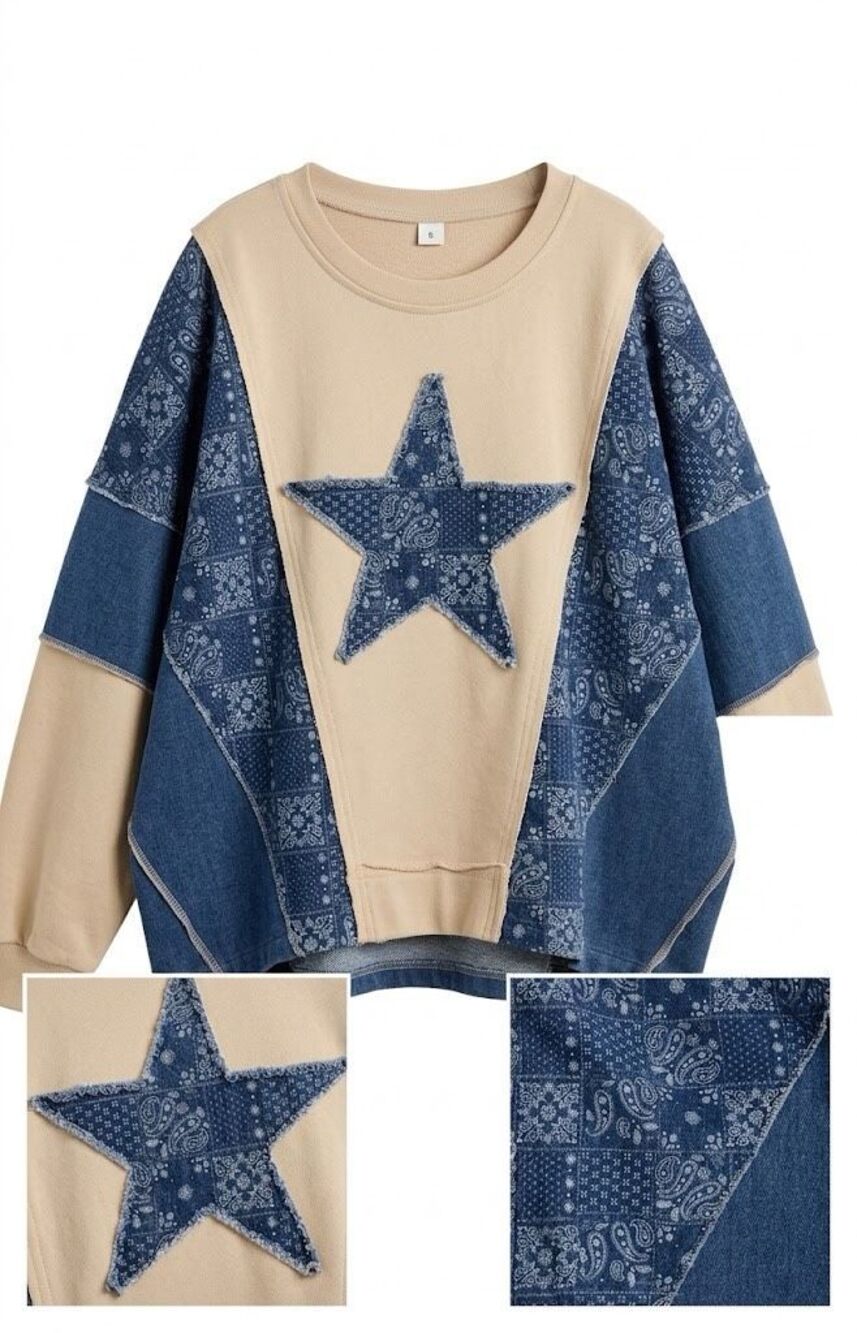 B1030. BiBi Blue/Cream Oversized Denim Western Star Bandana Patchwork